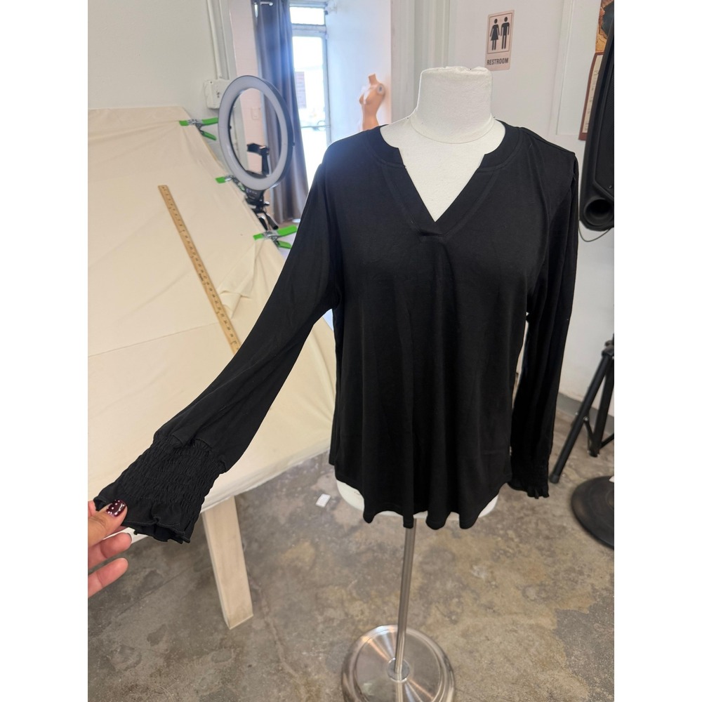 Black Long‎ Sleeve V-Neck Blouse with Smocked Cuffs Women's Plus Size